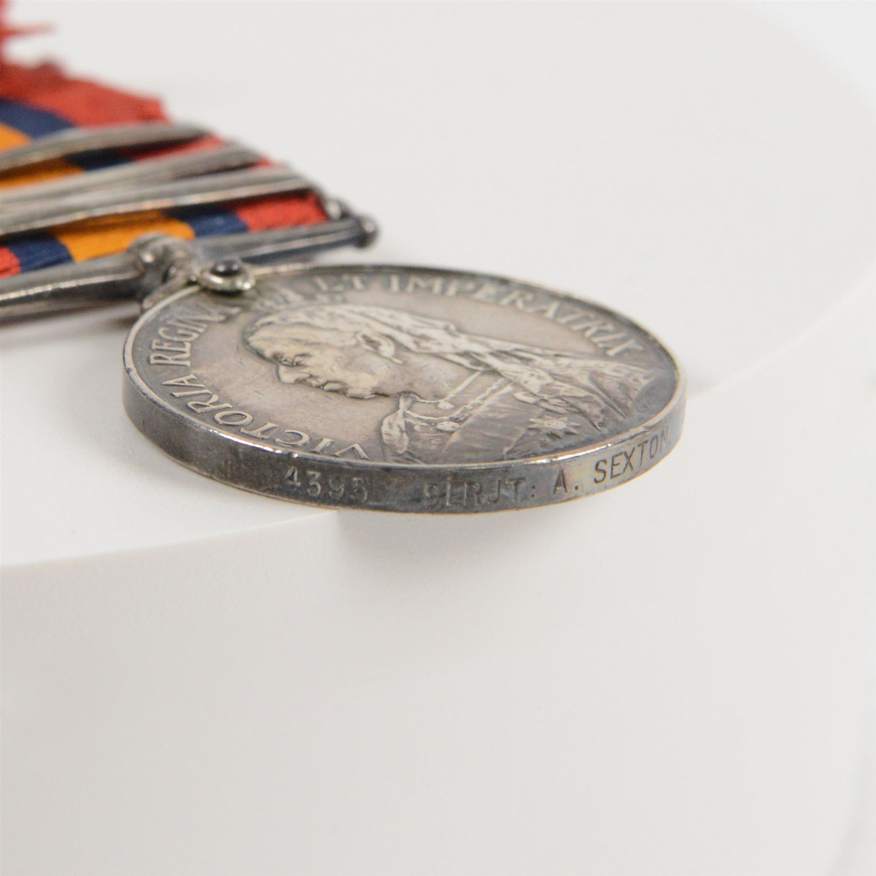 Boer War/ WWI medal group for W. A. Sexton 18th Hussars Sargent (4395)/ Major (5622); Queen's South Africa medal with Orange Free State, Transvaal and Talana clasps, King's South Africa medal with South Africa 1901, South Africa 1902 clasps 
1914 Star