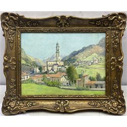Mary Dawson Elwell (British 1874-1952): Alpine Town, oil on panel signed 25cm x 34cm