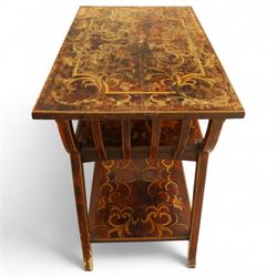 19th century mahogany coal scuttle, shaped raised back carved with shell fan motif, swing front enclosing original removable metal liner with handle, panelled front with cast drop handle, over slatted undertier (H 65cm, W 33cm, D 34cm)
Early 20th century mahogany magazine table, rectangular top and undertier decorated with gilt foliate and scroll marquetry, shaped pierced side rails forming magazine divisions, on square tapering supports (H 70cm, W 71cm, D 45cm)