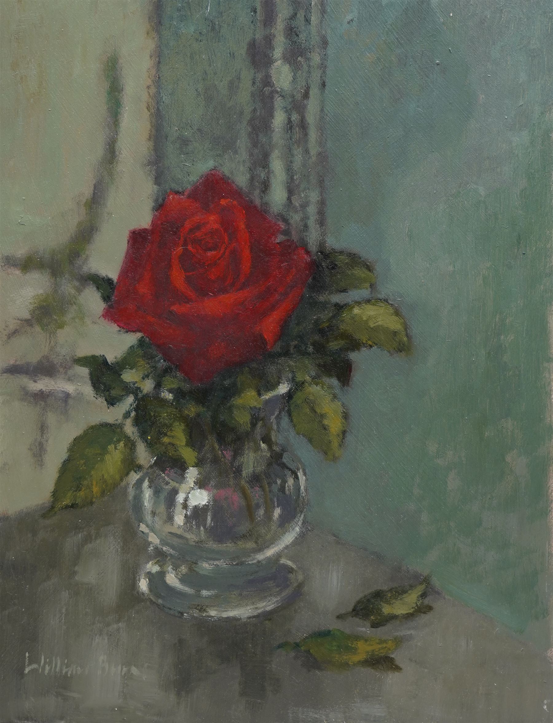 William Burns (Northern British 1923-2010): 'Still Life - Rose', oil on board signed, titled verso 34cm x 27cm (unframed)
Provenance: Direct from the family of the artist. 
Notes: Born in Sheffield in 1923, William Burns RIBA FSAI FRSA studied at the Sheffield College of Art before the outbreak of the Second World War, during which he helped illustrate the official War Diaries for the North Africa Campaign, and was elected a member of the Armed Forces Art Society. On his return, he studied architecture at Sheffield University and later ran his own successful practice, being a member of the Royal Institute of British Architects. However, painting had always been his self-confessed 'first love', and in the 1970s he gave up architecture to become a full-time artist, having his first one-man exhibition in 1979.
