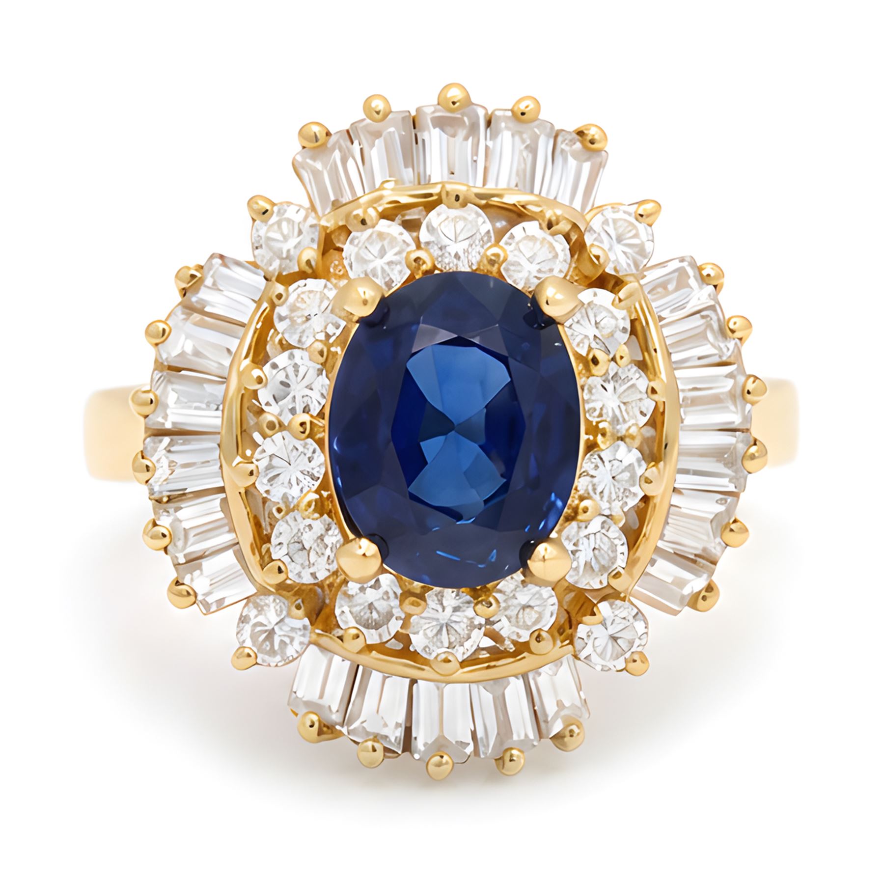 18ct gold sapphire and diamond cluster ring, single oval cut sapphire of approx 2.05 carat, surrounded by two rows of round brilliant cut and baguette cut diamonds, Sheffield import mark 1994, total round cut diamond weight approx 0.55 carat