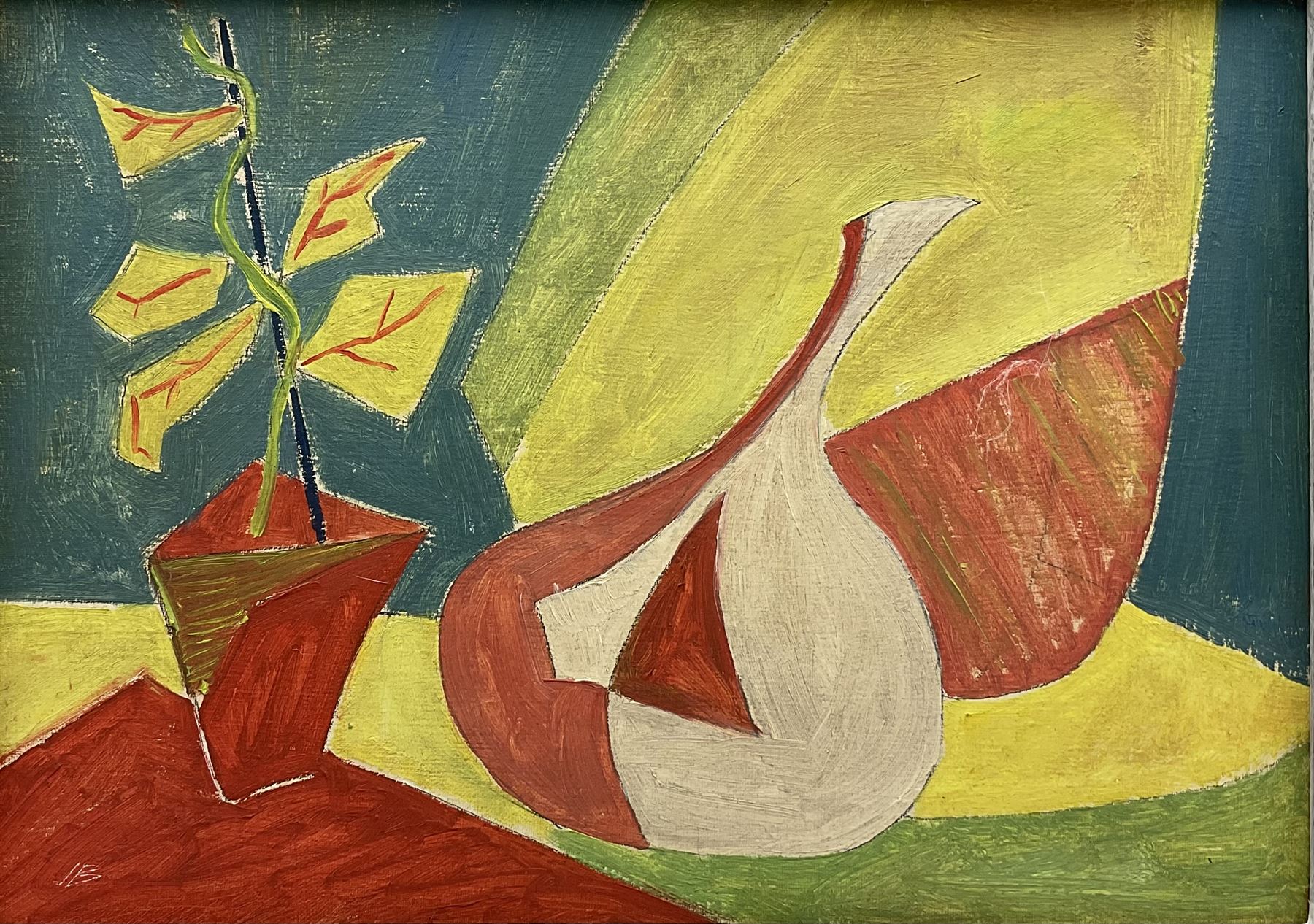 Attrib. John Banting (British 1902-1972): Vase and Plant, oil over pencil on canvas signed with initials 24cm x 34cm