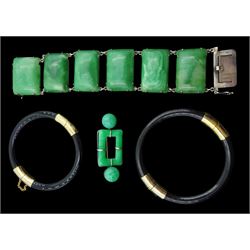 Silver green stone set link bracelet, stamped 925, Art Deco style green stone set brooch and two gilt onyx hinged bangles