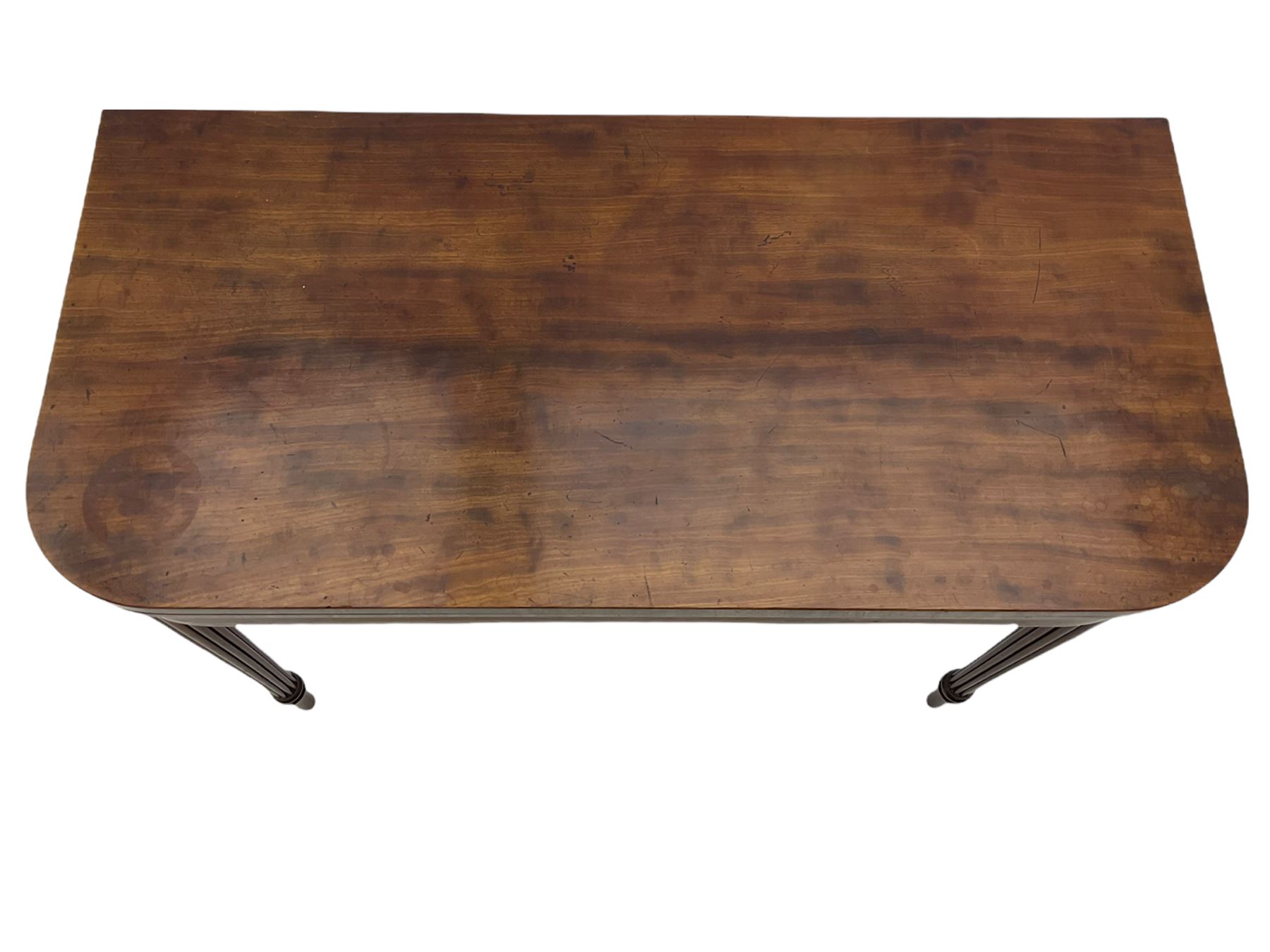 Early 19th century tea table, rectangular fold-over top with rounded corners, the frieze and sides inlaid with satinwood panels, double gate-leg action base, on reeded supports 