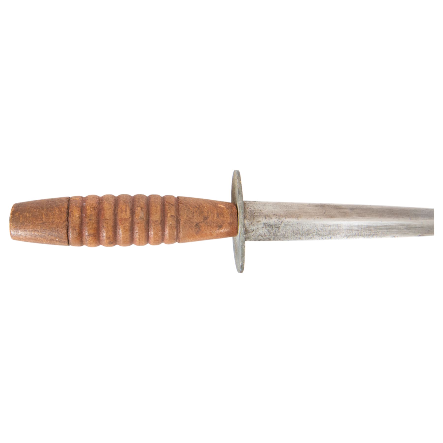 WWII British Fairbairn Sykes Wooden Hilt Commando Knife, with unmarked 17cm double edged blade, oval steel cross guard, barrel style wooden grip, in leather scabbard, overall L30cm