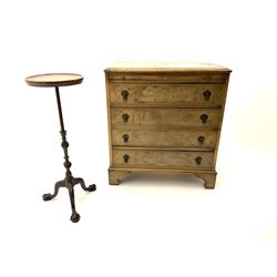 Walnut chest fitted with brush slide above four long drawers, raised on shaped bracket supports, together with a mahogany plant stand, raised on carved column, ball and claw feet 