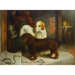  Robert Nightingale (British 1815-1895): Gun Dogs waiting for Master, oil on canvas signed and dated 1870, 36cm x 49cm  