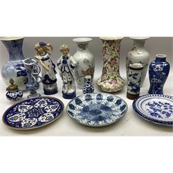 Late 19th century Chinese porcelain blue and white plated, decorated with stylised flowers, together with a group of other ceramics, including pair of 20th century Chinese vases, smaller Chinese vase decorated in prunus blossom, etc., in one box 