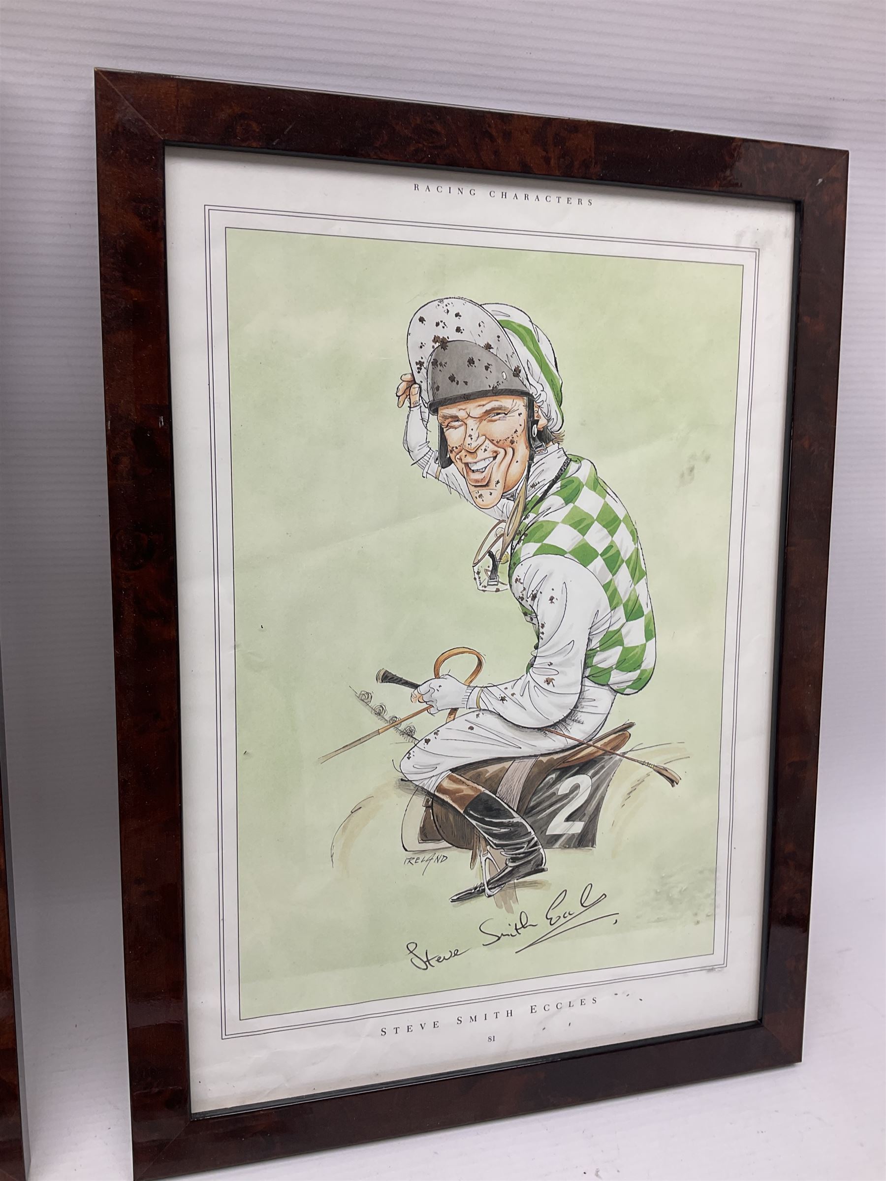 Enamel Horse racing members badges, together with three framed signed racing characters jockey prints, including Steve Smith Eccles, Willie Shoemaker and Greville Starkey, and one other print