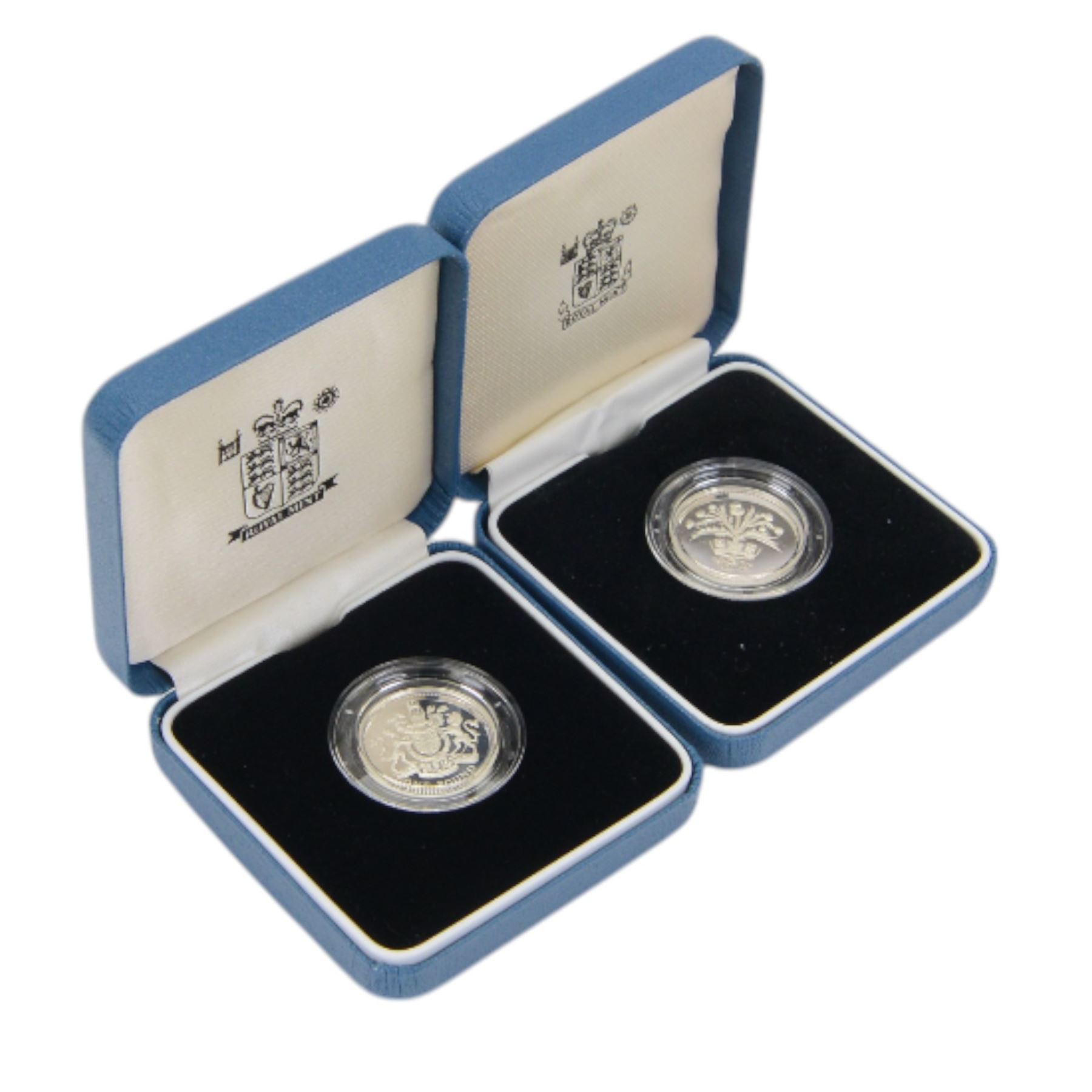 Twelve The Royal Mint United Kingdom silver proof one pound coins, comprising 1983, 1984, 1988, 1989, 1992, 1993, 1994, 1996, 1996 piedfort, 1998, 1999, and 2001, cased with certificates
