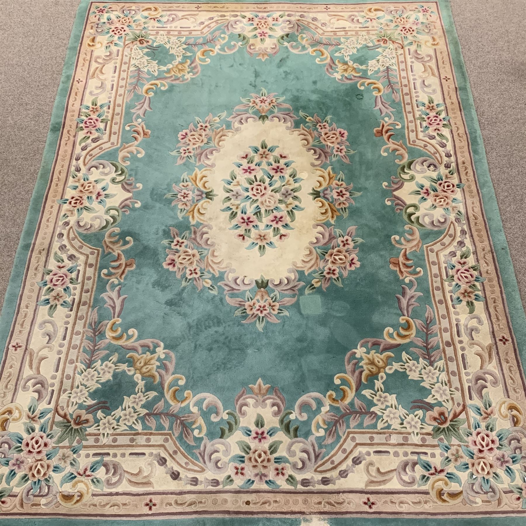 Large Chinese wash woollen turquoise ground rug carpet, 358cm x 255cm