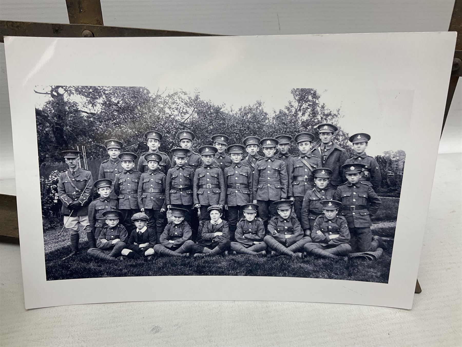 Disassembled early 20th century Boys Brigade snare drum D37cm with copy WW1 period photograph of the Kirbymoorside Boys Brigade; early 20th century hardwood clarinet; bagpipes chanter; and Dulcet E-flat penny whistle