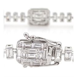 18ct white gold baguette and round brilliant cut diamond bracelet, stamped 750, total diamond weight approx 4.70 carat