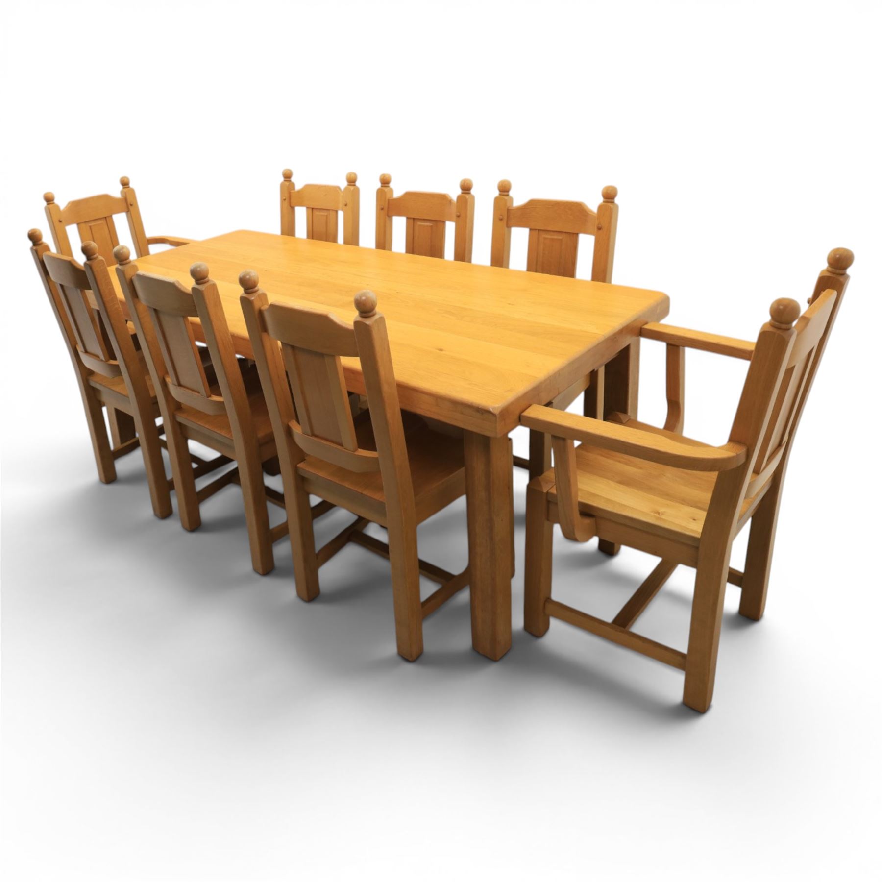 Contemporary solid oak dining table, and set of eight chairs, rectangular plank top with chamfered edges, raised on square supports