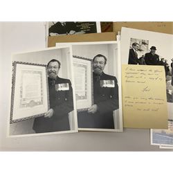 WW2 submarine interest - archive of ephemera and photographs relating to submariner Petty Officer (later Lieutenant) Thomas William Gould V.C. of HMSub Thrasher; predominantly post-war with later copies of contemporary photographs and documents including Certificate of Service in slip-case, War Patrol Reports, First Day Covers, press cuttings, 'For Valour' film script, business cards etc.
Auctioneer's Note: An extract from Gould's VC award citation reads 