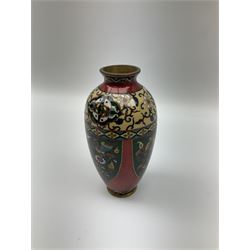 Pair of Chinese cloisonne vases on wooden stands H10cm, ovoid cloisonne vase H16cm and cloisonne jug H9cm