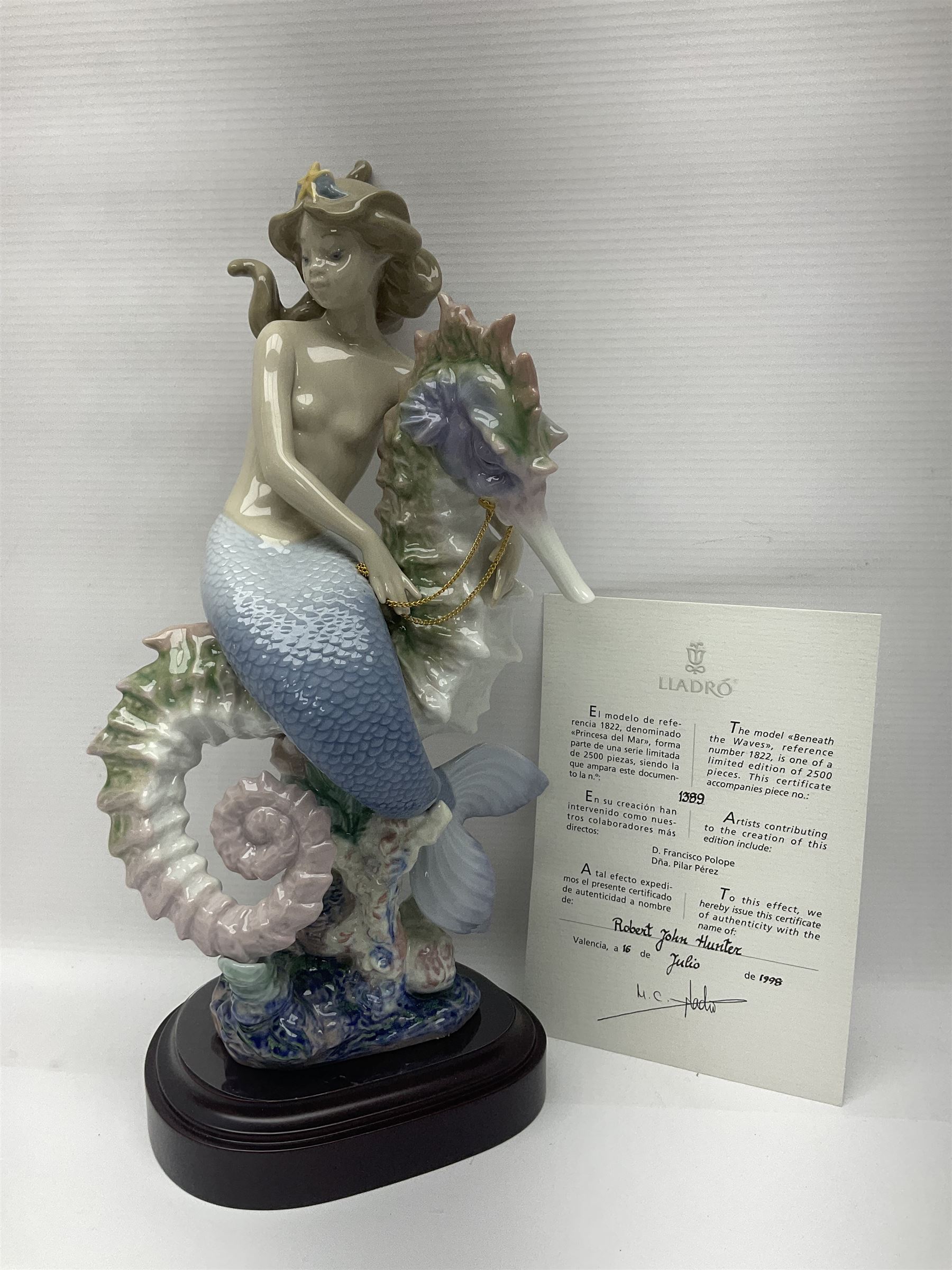 Lladro figure, Beneath the Waves, modelled as a mermaid and seahorse upon a wooden plinth, no 1822, limited edition 1389/2500, with certificate and original box, H32cm 