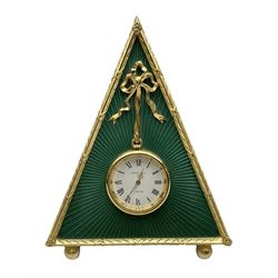Kitney & Co small desk clock, in green guilloche enamel case of triangular form, decorated with gilt throughout, raised upon two bun feet, H12cm