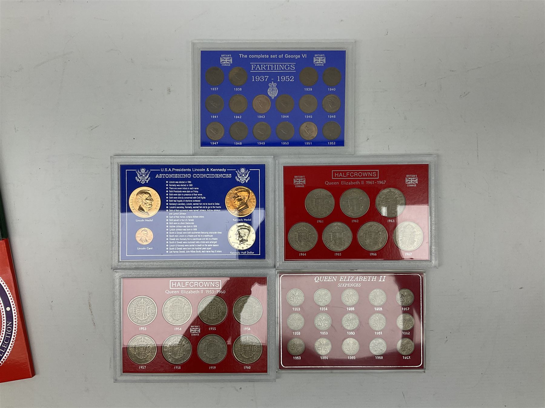 Coins including coinage of Great Britain 1970 proof set, United Kingdom 1997 brilliant uncirculated coin collection, various unofficial sets in plastic displays, three Isle of Man commemorative Harry Potter crown coins, United States of America 1982 silver half dollar, pre-decimal and other Great British and World coins etc 
