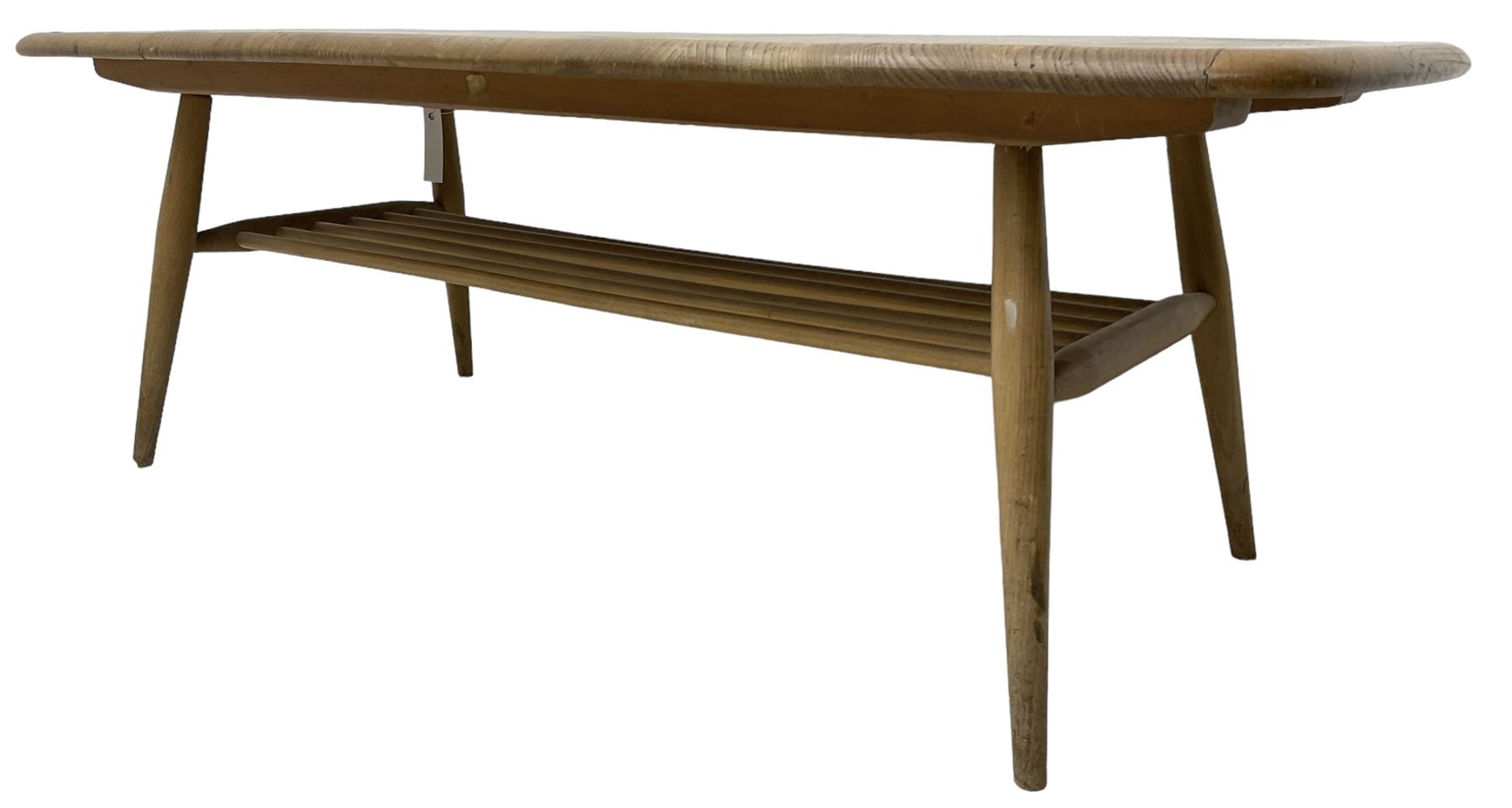 Ercol - mid-20th century blonde elm and beech model 459 coffee table, rectangular top over spindle magazine rack