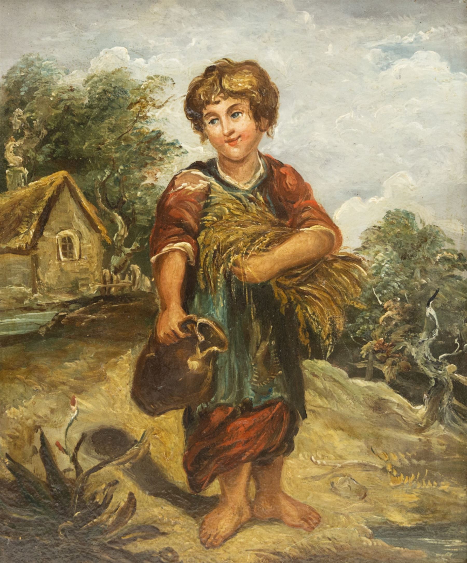 Continental School (20th Century): Dutch Street Scene, oil on panel indistinctly signed 29cm x 39cm; Naive School (20th Century): Girl with Water Jug, oil on board unsigned 26cm x 21cm (2)