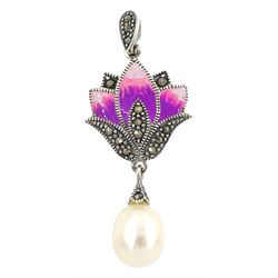 Silver pearl, marcasite and enamel pendant, stamped 925