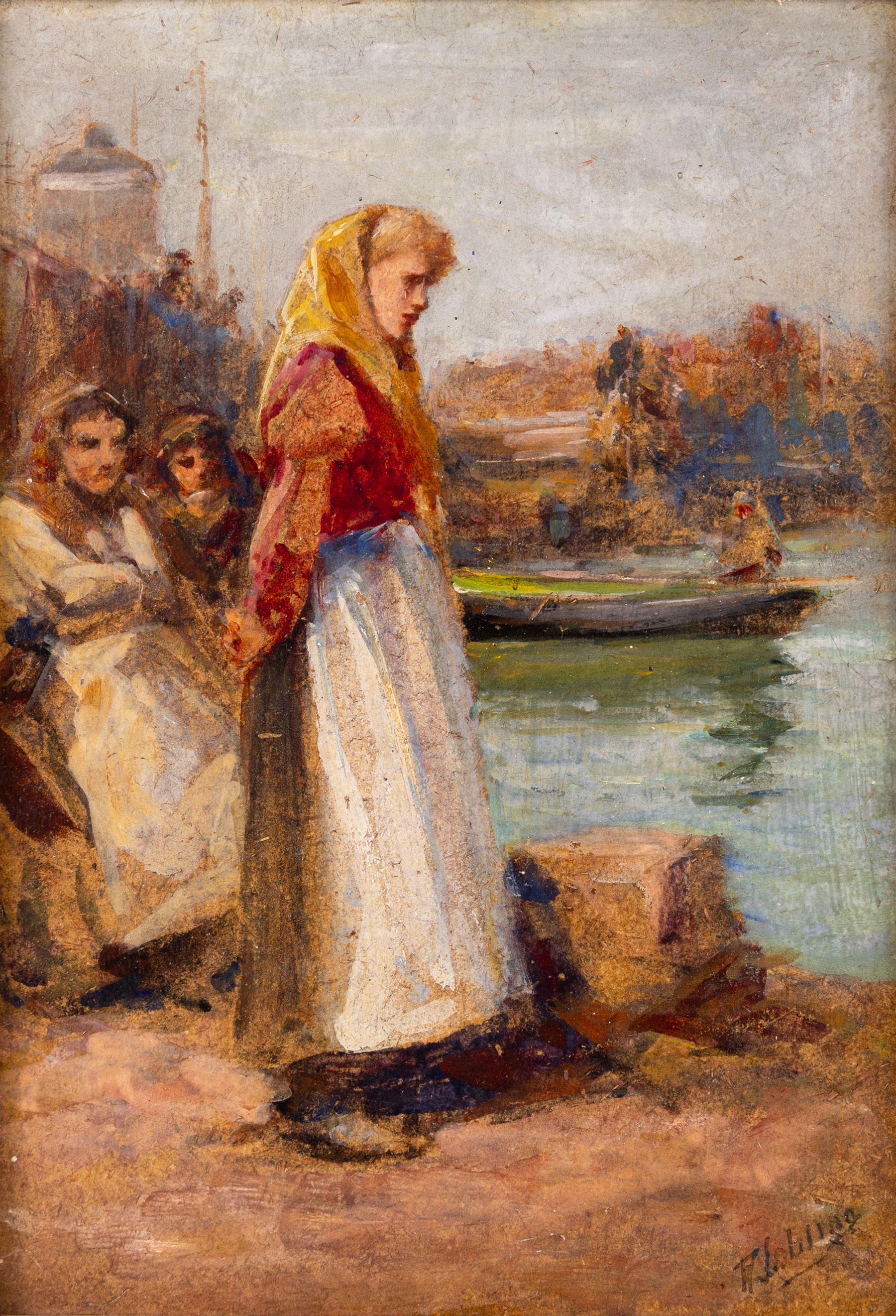 Robert Jobling (Staithes Group 1841-1923): Fishergirl by the North Shields Fish Quay near the Old Low Light, oil on board signed 25cm x 17cm