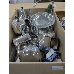 Quantity of metalware, including copper jug and bucket with ceramic handles, silver plated tea wares, souvenir spoons, etc