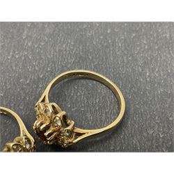 Two 9ct gold garnet and paste stone set cluster rings and a Early 20th century gold brooch, stamped 9ct