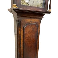 William Lister (II) of Keighley – 8-day 18th century oak cased longcase clock c1760, hood with a break front flat topped pediment and eglomise  frieze beneath, square hood door flanked by matching pilasters with gesso capitals, trunk with quarter columns and long trunk door with a flat top and convex shoulders, square plinth with a decorative skirting, 12” brass dial with rococo spandrels, engraved dial center, silvered chapter with Roman numerals, five minute Arabic’s, half hour markers and minute track, semi-circular apertures with engraved calendar and moon phase/lunar age discs, original blue steel fretted hands, four pillar rack striking movement with a recoil anchor escapement, striking the hours on a bell. With pendulum, weights and key.
The Lister family were a prolific family of clockmakers working in the West Riding of Yorkshire during the 18th century. Working in various locations including Halifax, Keighley and Luddenden.
William Lister (I) is recorded as working in Keighley from 1715-37 and his son William (II) from 1735-1785.
