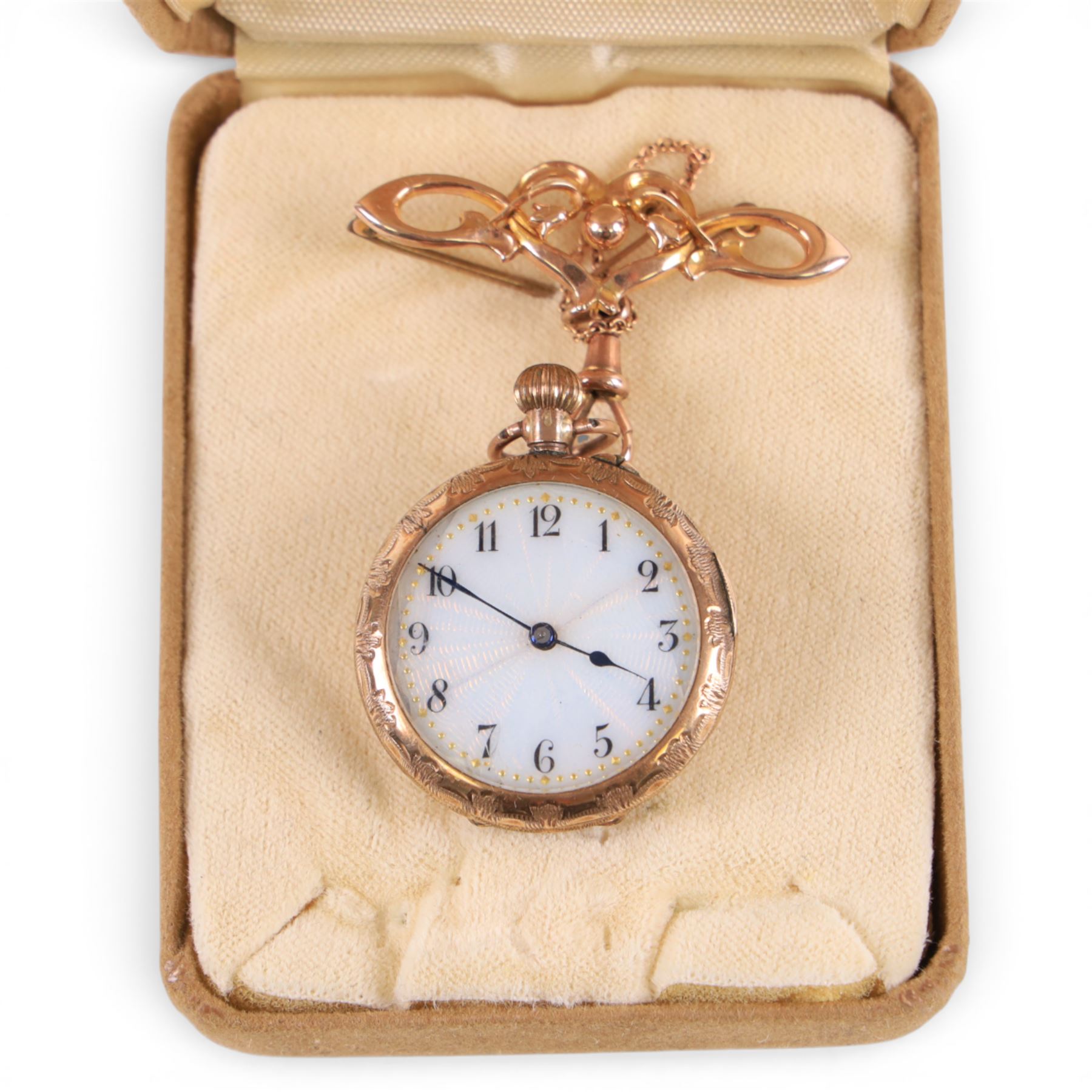 Early 20th century 9ct gold keyless cylinder fob watch, London import mark 1908, with 9ct rose gold brooch stamped 9c
