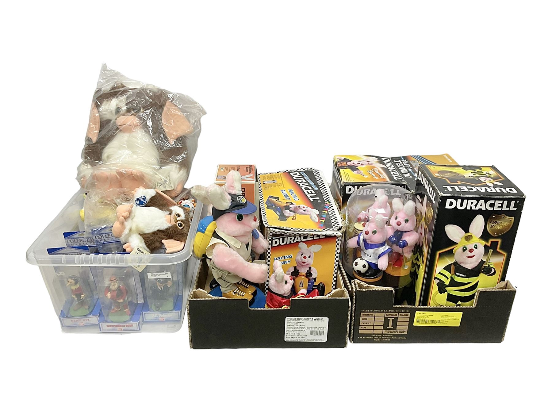 Collection of Duracell Bunny collectibles to include Racing Bunny, Fireman Bunny, Dancing Bunny etc in original boxes; Bandai collectable characters, Gremlins 2 Gizmo plushies from Applause, further soft toys and collectables etc, in three boxes 