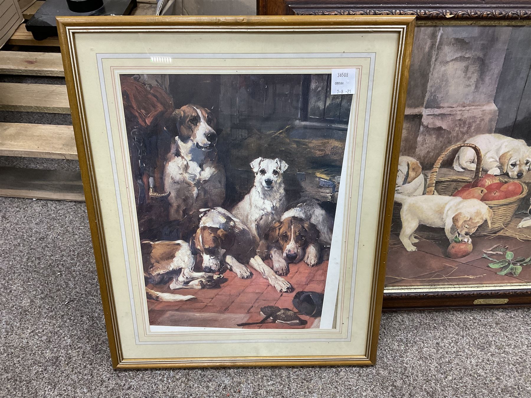 After P E Marshal (British 20th century), Car Outside Inn, water colour signed and dated; after Richard Britton (British) 'Mischief Makers' (golden labradors), colour print, together with three colour prints of dogs and embossed decorative bear scene (6) 
