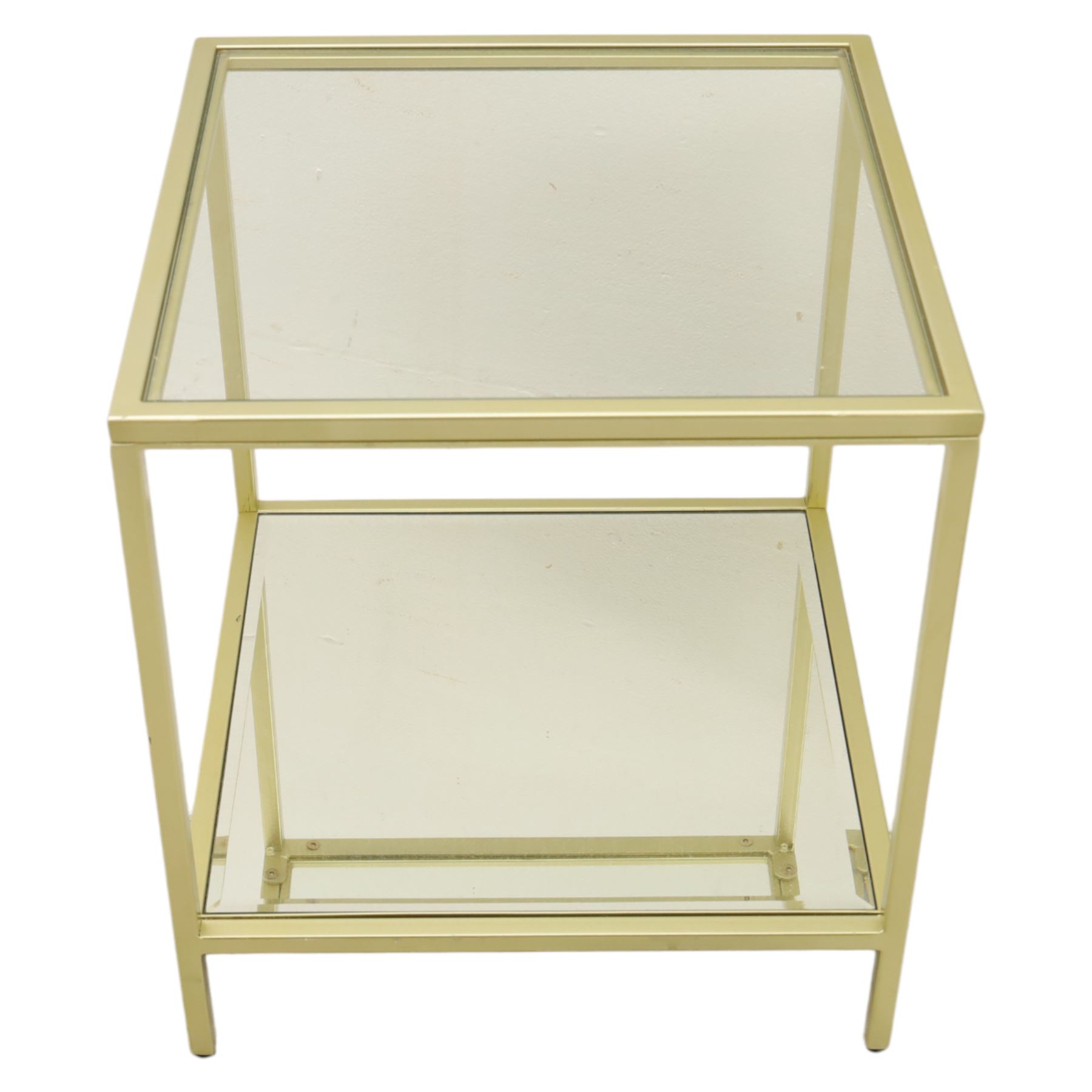 Modern pair of brass finish and glass bedside stands, each of square form with clear glass top, glazed sides and mirrored under tier, enclosed by a square section brass finish metal frame, raised on short square supports