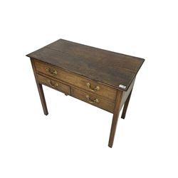 Georgian oak lowboy, rectangular moulded top over three drawers, on square supports
