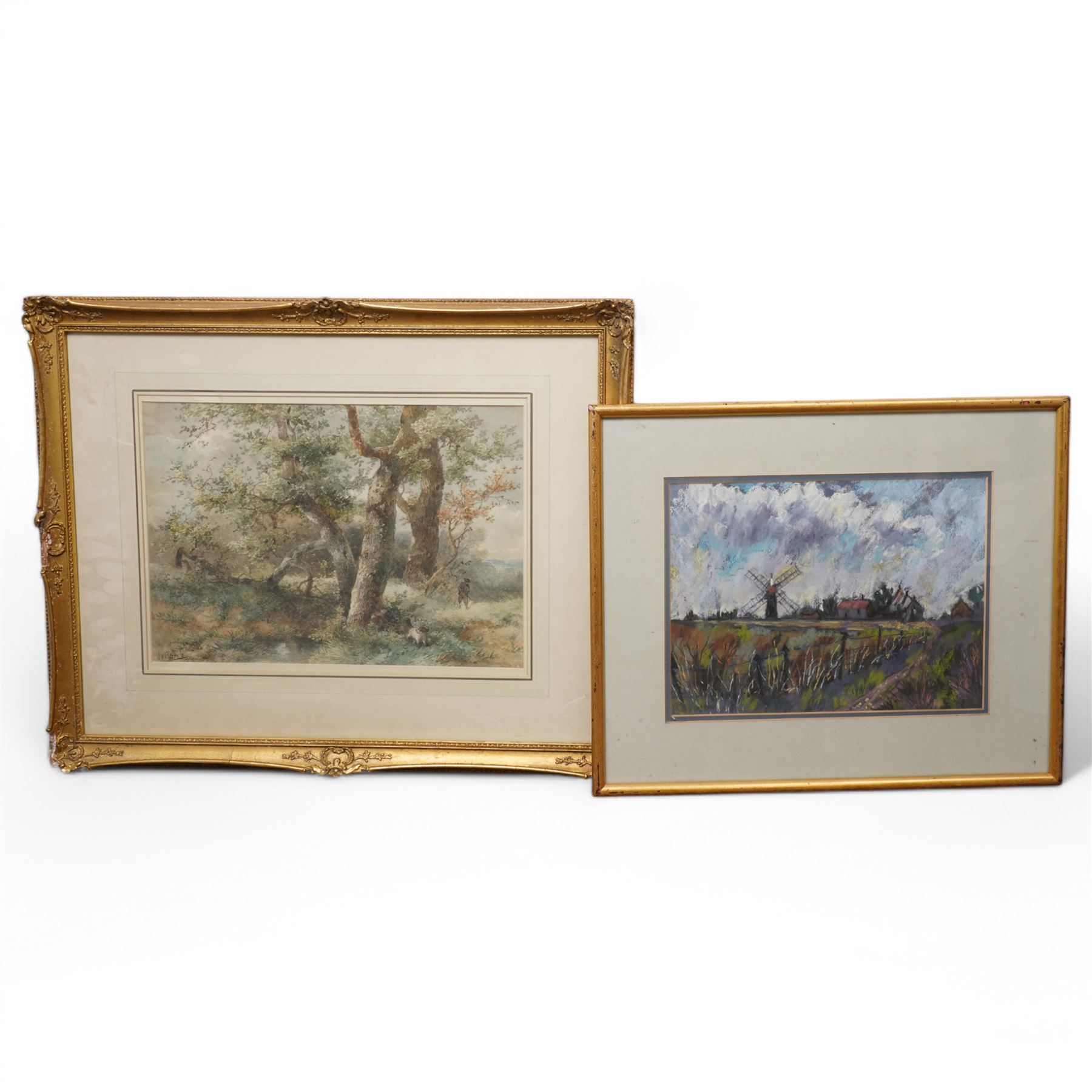 Collection of watercolours, pastel and oils including W B Morrison harbour watercolour (in one box)