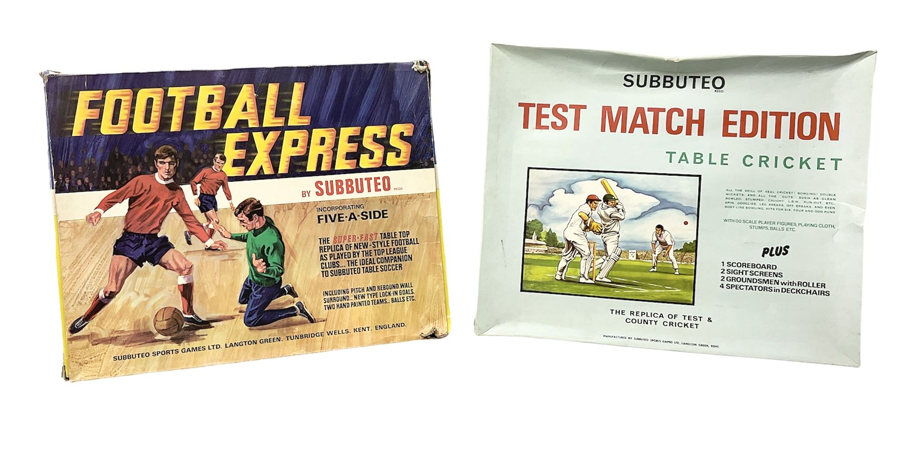 Subbuteo - 1970s Football Express 5-a-side table football game; together with Test Match Edition Table Cricket; both boxed with instructions (2)