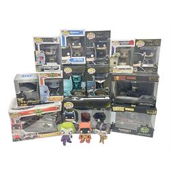 Thirteen Funko! Pop figurines of predominately Batman interest, to include 2016 ‘Batman Classic TV Series Batmobile’ and 2019 teal coloured ‘Batman’ Summer Convention exclusives, most in original boxes, with three similar boxed figures (16)