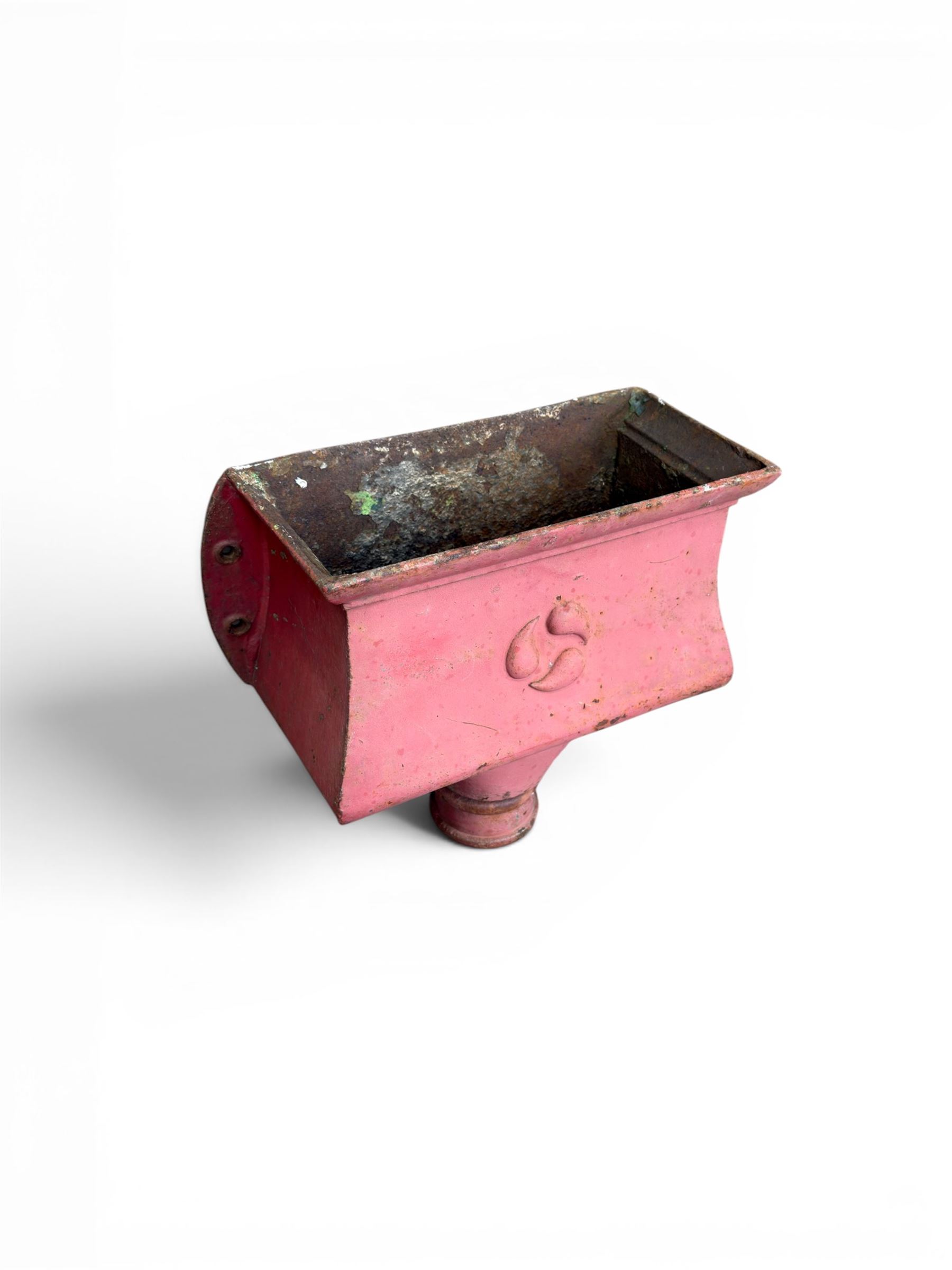 Edwardian heavy cast iron rainwater hopper, with water motif, painted in pale red finish