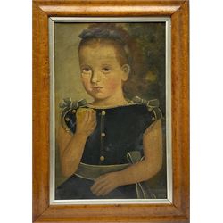 American Primitive School (19th century): Girl in a Blue Dress, oil on canvas laid loosely on board unsigned 46cm x 29cm