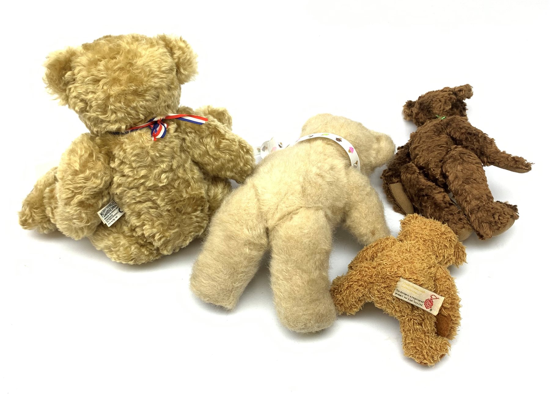 Merrythought - limited edition 'The Churchill Bear' No.85/4950 with certificate, growler mechanism and Churchill crown pendant  H37cm and plush covered teddy bear; together with Asquith limited edition teddy bear No.7/100 signed by Karen Stocker H26cm and small Keel Toys teddy bear (4)