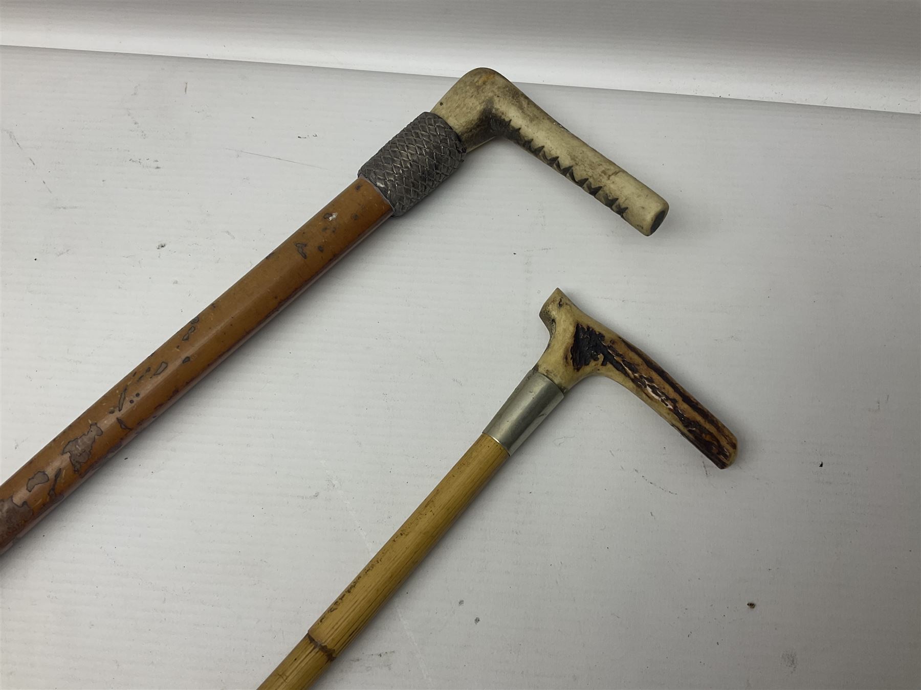 Collection of hunting crops and riding whips, including horn handle examples with silver cuffs