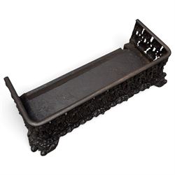 Three cast iron fireplace fittings, comprising a Regency-style fire grate with sunburst crest, urn finials, bowed basket and scroll supports (W58cm H63cm); Victorian fender with pierced acanthus frieze and foliate base (W64cm H20cm); Gothic Revival fireplace with fleur-de-lis crest, arched surround and integral fire basket (W41cm H87cm)