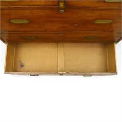 19th century brass bound mahogany campaign chest, with brass bound corners and edges, recessed brass handles, the upper section with two short over one long drawer, the lower section with two long drawers