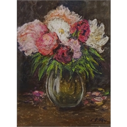  Still Life of Flowers, pastel signed by Carl Otto Fey (German 1894-1971) and Village Scenes, two pastels signed by the same hand 41.5cm x 42cm, in matching frames (3)  