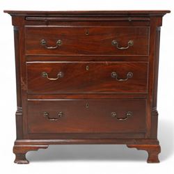 Georgian mahogany bachelor's chest, brushing slide over three long drawers, enclosed by canted corners with fluted quarter columns, on ogee bracket feet
