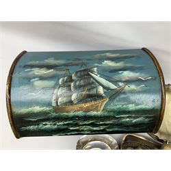 Wooden twin handled box with painted ship decoration to the lid, together with glass decanter and a collection of silver plate, box H29cm