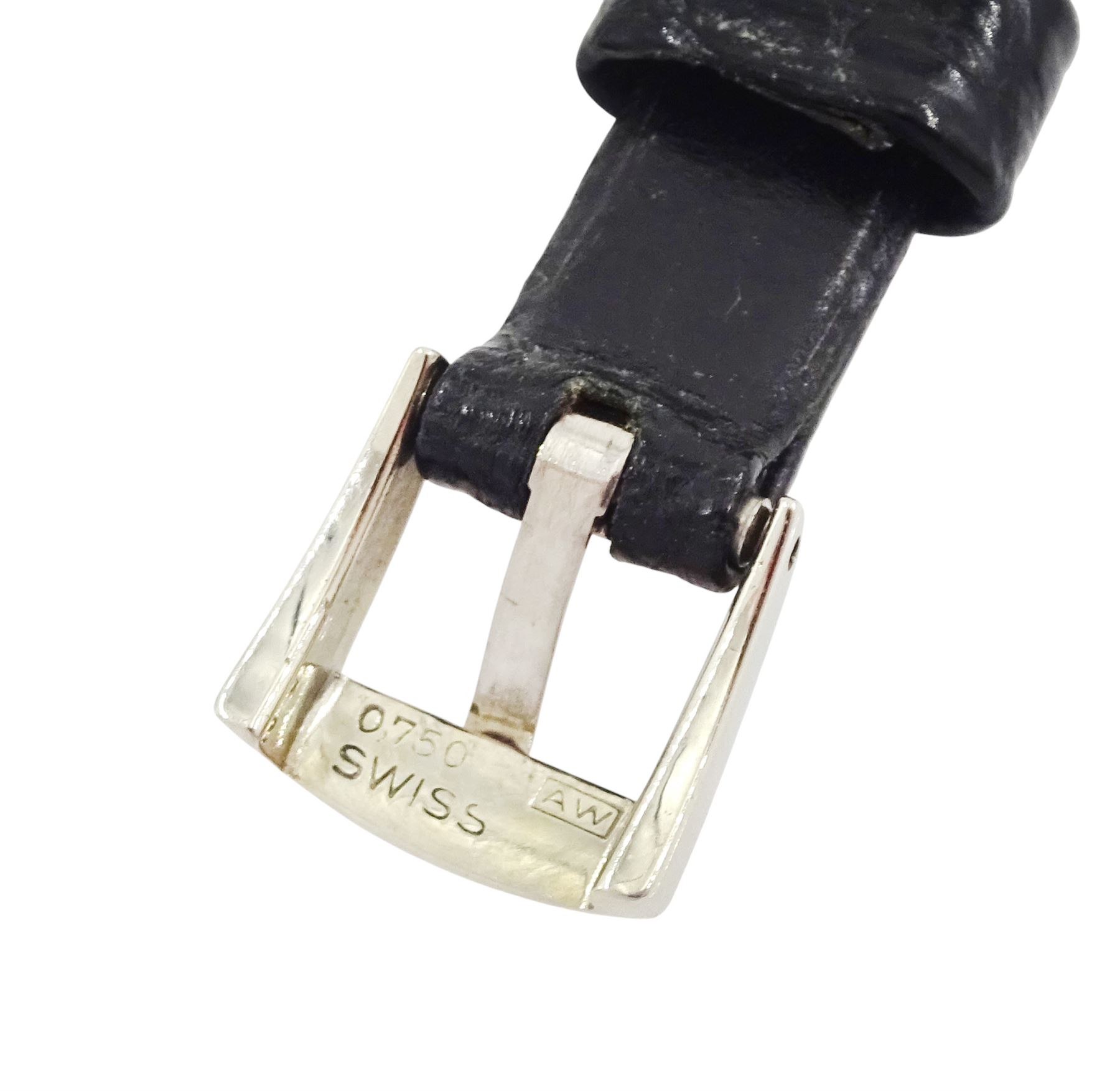 Jaeger-LeCoultre ladies 18ct white gold diamond manual wind wristwatch, back case No. 755841, square silvered dial with round brilliant cut diamond bezel and single cut diamond set lugs, crown wound from back case, on black leather strap, with 18ct white gold buckle, stamped 750, total diamond weight approx 0.70 carat