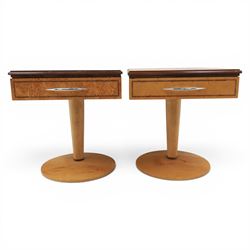 Art Deco style pair of walnut bedside tables, quarter matched veneered tops with crossbanded borders, fitted with single frieze drawers with chrome handles, on circular pedestal supports