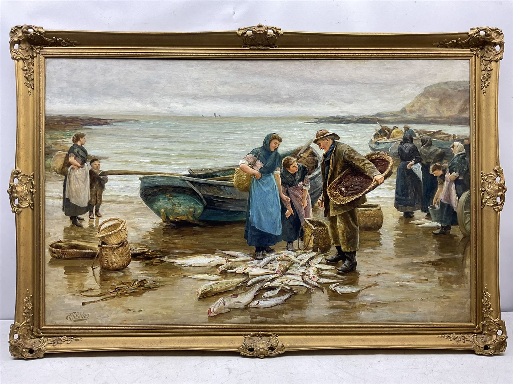 Robert Jobling (Staithes Group 1841-1923): 'A Good Catch' Cullercoats, oil on canvas signed 75cm x 121cm 
Provenance: private collection; with John Nicholson Fine Art, Newcastle, label verso